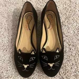 Charlotte Olympia Black Velvet Kitty Flats 38.5